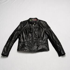 Black Rivet Distressed Grunge Thrashed Faux Leather Moto Jacket - L